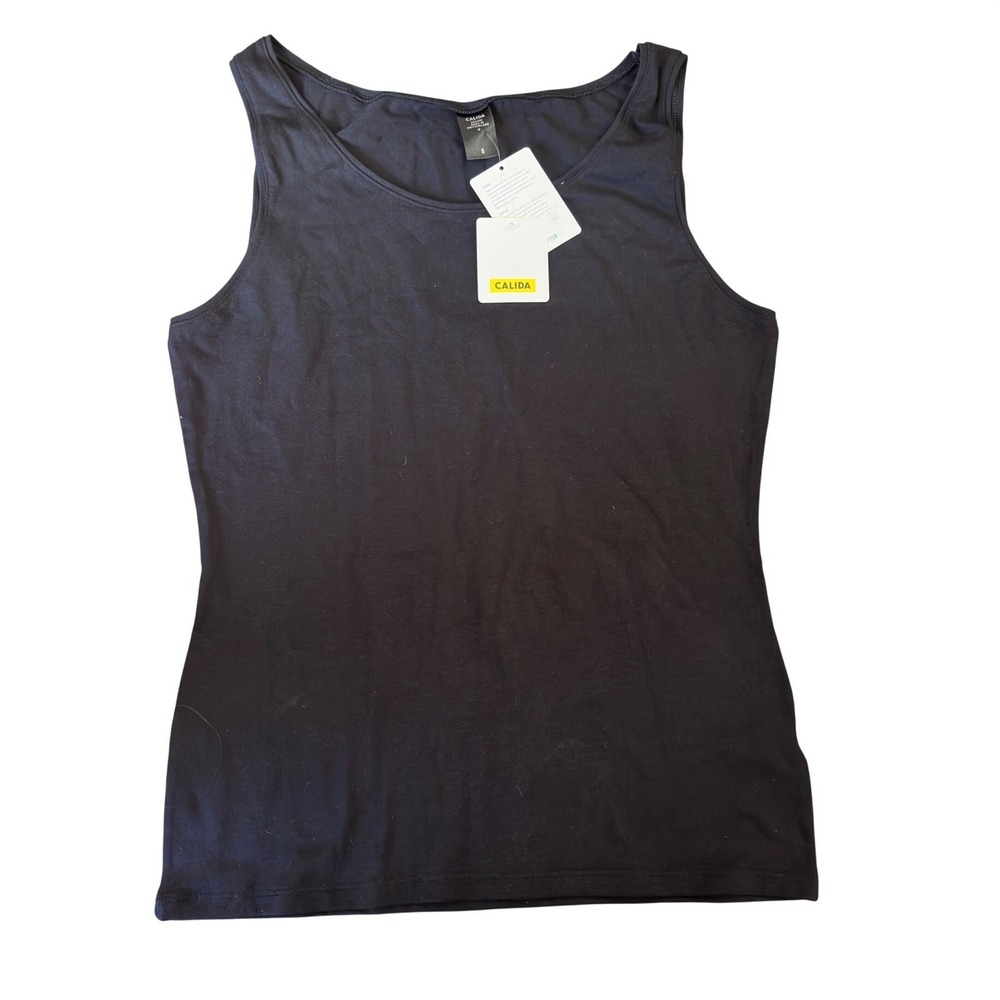 Calida Cotton Blend Tank Top Swiss Design Black Solid Minimalist Small NWT